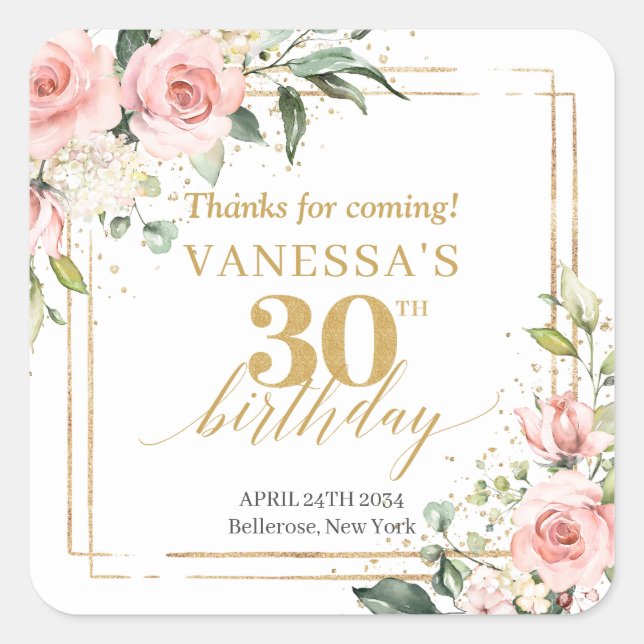 Chic watercolor blush flowers gold 30th birthday square sticker (Front)