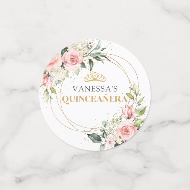 Chic watercolor blush flowers green 15th birthday confetti (Small Front)