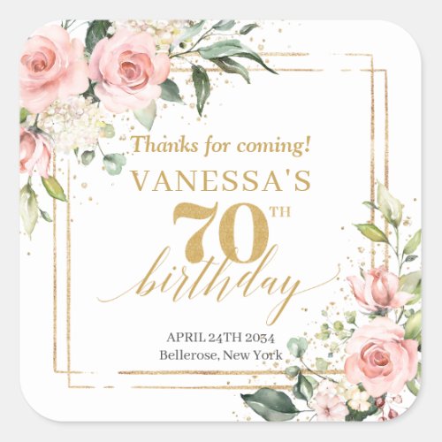Chic watercolor blush flowers greenery 70 birthday square sticker