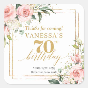 Chic watercolor blush flowers greenery 70 birthday square sticker