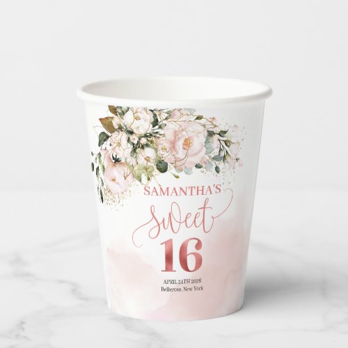Chic watercolor blush flowers rose gold sixteen paper cups