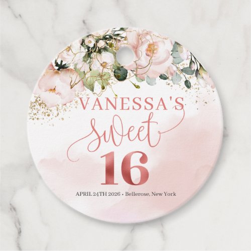Chic watercolor blush flowers rose gold sweet 16th favor tags