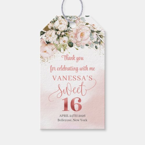 Chic watercolor blush flowers sage sixteen 16th gift tags