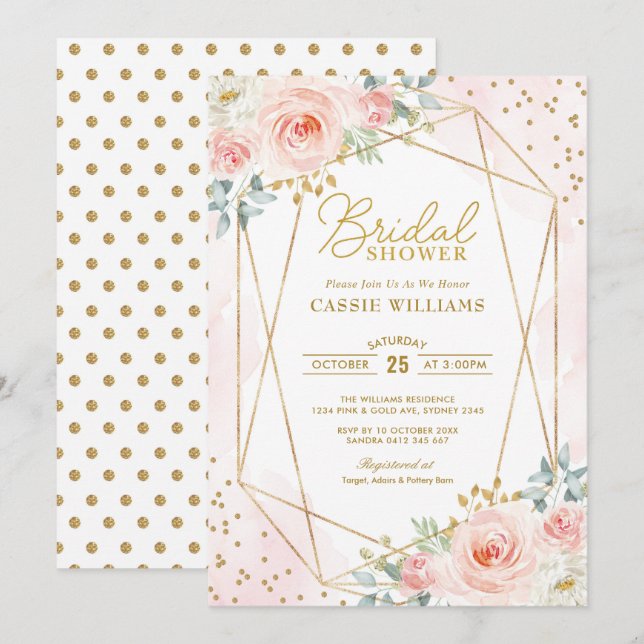 Chic Watercolor Blush Gold Geometric Bridal Shower Invitation (Front/Back)