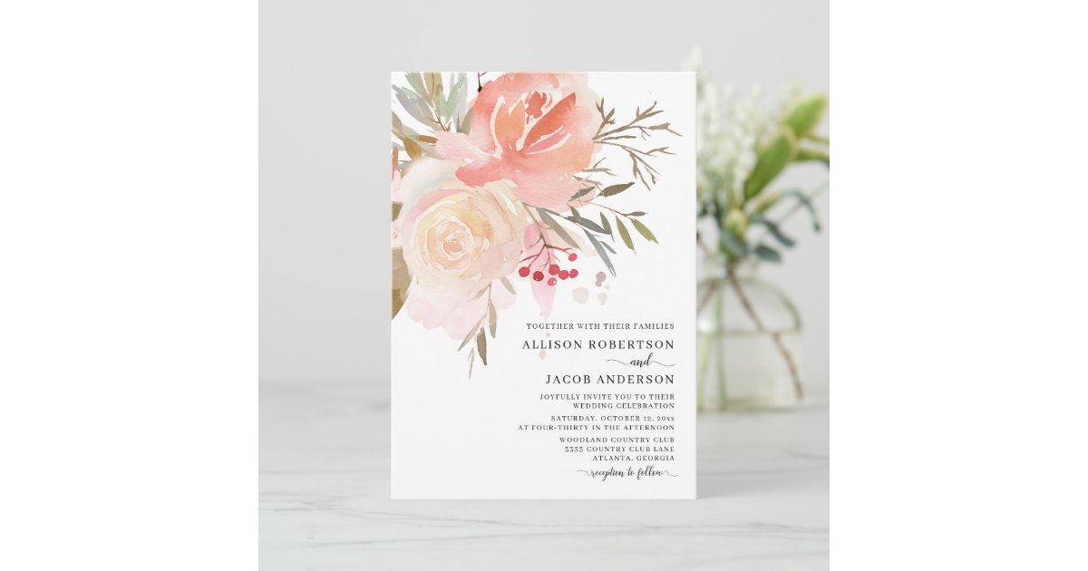 Chic Watercolor Blush Pink Flower Wedding Invitation | Zazzle