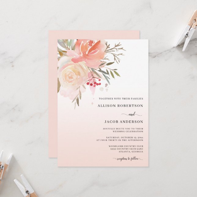 Chic Watercolor Blush Pink Peach Flower Wedding Invitation (Front/Back In Situ)