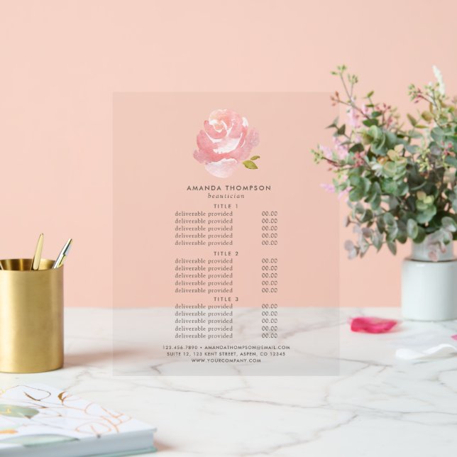 Chic Watercolor Blush Pink Rose Pricing & Services Acrylic Sign (Wedding)