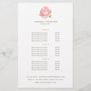 Chic Watercolor Blush Pink Rose Pricing & Services Flyer