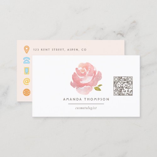 Chic Watercolor Blush Pink Rose QR Code Business Card