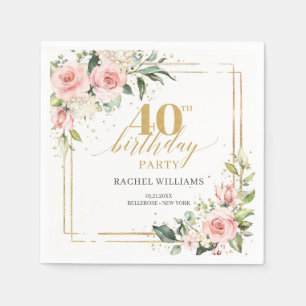 Chic watercolor blush roses gold 40th birthday napkins