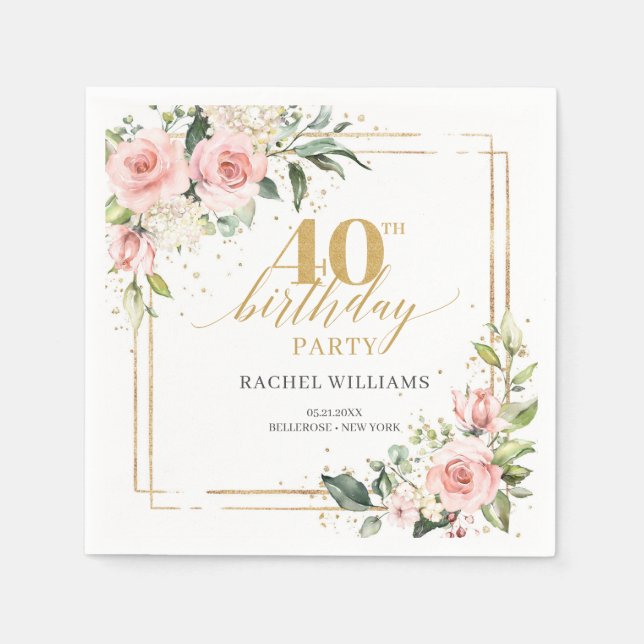 Chic watercolor blush roses gold 40th birthday napkins (Front)