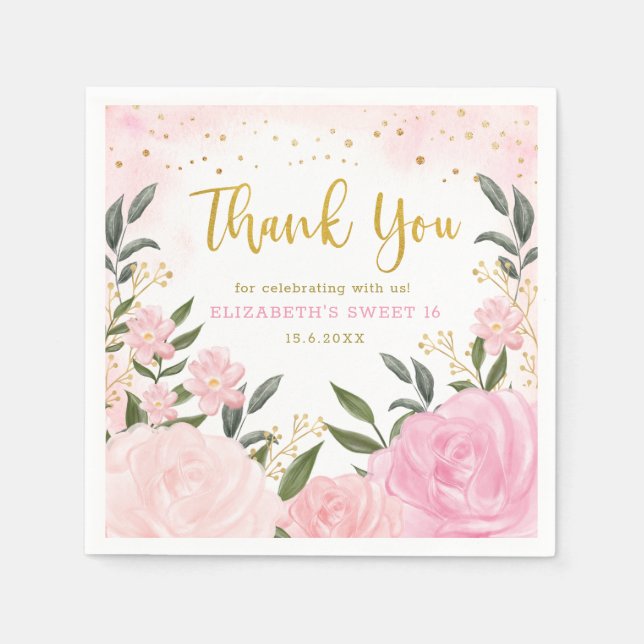 Chic Watercolor Blush Roses Gold Glitter Sweet 16 Napkins (Front)