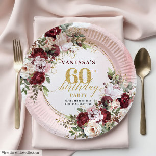Chic Watercolor Boho Burgundy Blush 60th Birthday Paper Plates