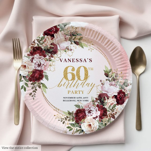 Chic Watercolor Boho Burgundy Blush 60th Birthday Paper Plates (Chic Watercolor Boho Burgundy Blush 60th Birthday Paper Plates)