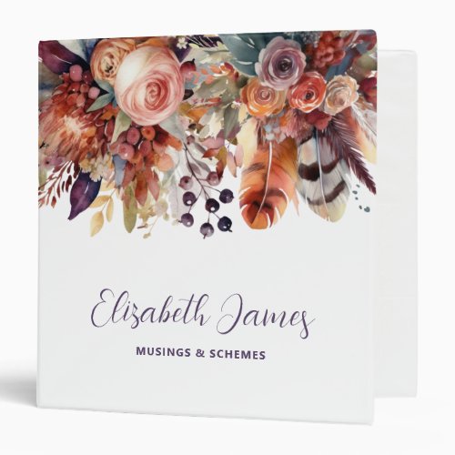 Chic Watercolor Boho Floral Autumn Personalized 3 Ring Binder