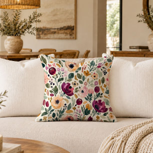 Chic Watercolor Boho Flowers Throw Pillow Decor