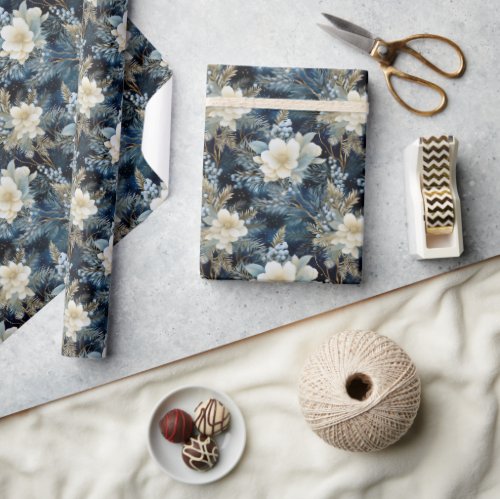 Chic watercolor boho winter flowers navy and ivory wrapping paper