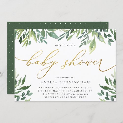 Chic Watercolor Botanical Gold Script Baby Shower Invitation