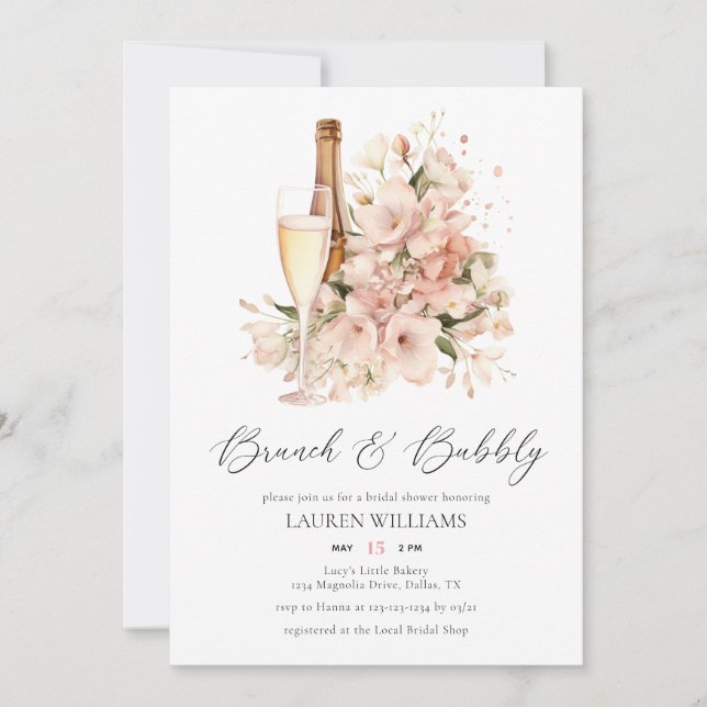 Chic Watercolor Brunch and Bubbly Bridal Shower Invitation (Front)