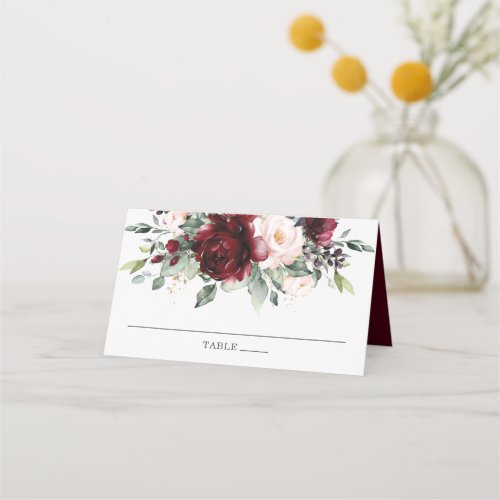 Chic Watercolor Burgundy Blush Floral Wedding Place Card