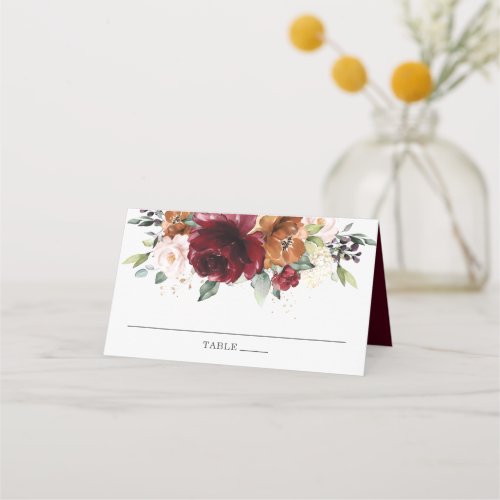 Chic Watercolor Burgundy Blush Rust Floral Wedding Place Card