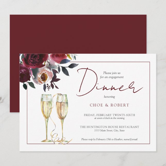 Chic Watercolor Burgundy Floral Engagement Dinner Invitation (Front/Back)
