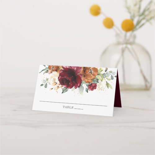 Chic Watercolor Burgundy Ivory Rust Floral Wedding Place Card