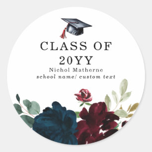 Chic Watercolor Burgundy Navy Florals Graduation Classic Round Sticker