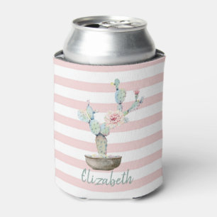 Chic Watercolor Cactus,Pink Stripes Can Cooler