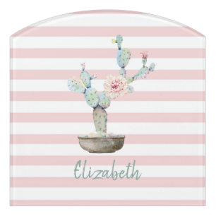 Chic Watercolor Cactus,Pink Stripes   Door Sign