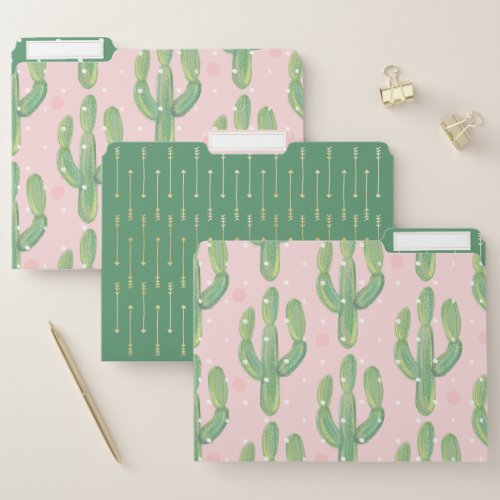 Chic Watercolor Cactus Plant Pattern Pink  Green File Folder