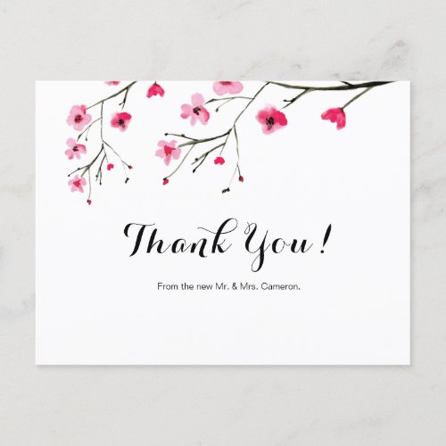 Chic watercolor Cherry Blossom Wedding Thank You Postcard