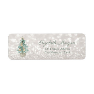 Chic Watercolor Christmas Tree, Glittery Bokeh Label