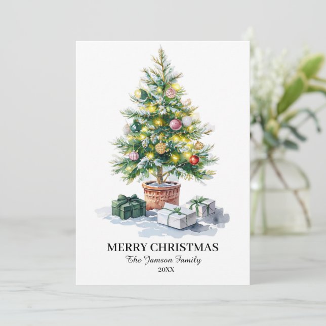 Chic Watercolor Christmas Tree Holiday Card (Standing Front)