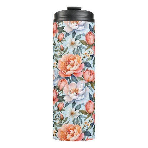 Chic Watercolor Coral Peonies Floral Pattern Thermal Tumbler