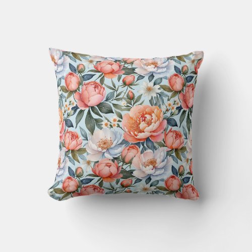 Chic Watercolor Coral Peonies Floral Pattern Throw Pillow