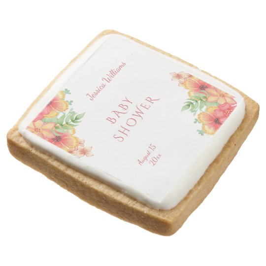 Chic Watercolor Corner Flowers Baby Shower Square Shortbread Cookie