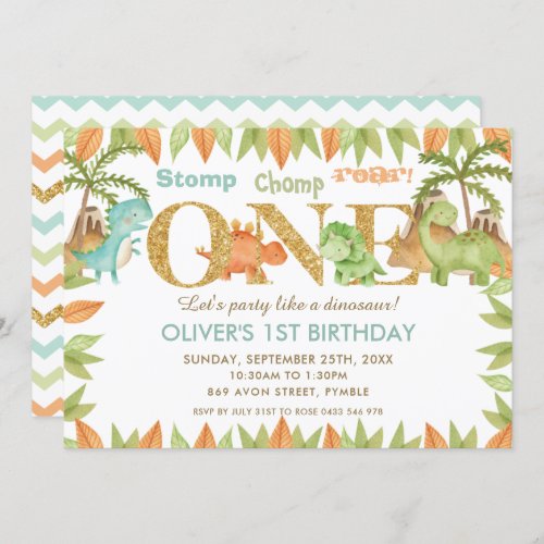 Chic Watercolor Cute Dinosaur 1st Birthday Party Invitation