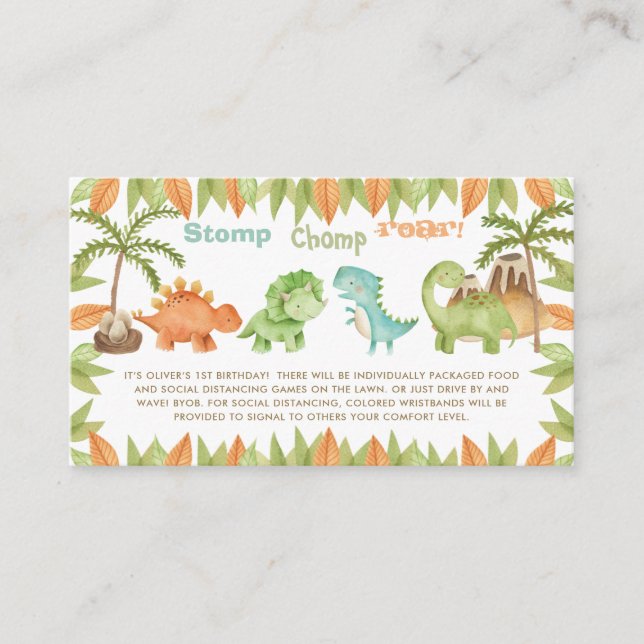 Chic Watercolor Cute Dinosaur Birthday Extra Info Enclosure Card (Front)