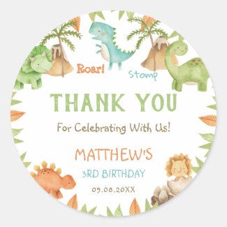 Chic Watercolor Cute Dinosaur Birthday Party Favor Classic Round Sticker