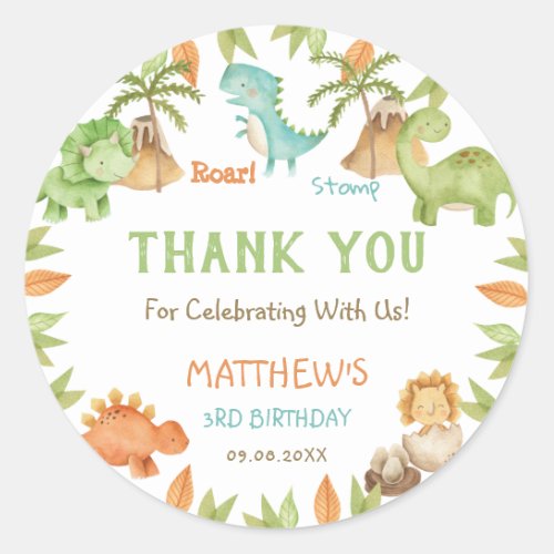 Chic Watercolor Cute Dinosaur Birthday Party Favor Classic Round Sticker