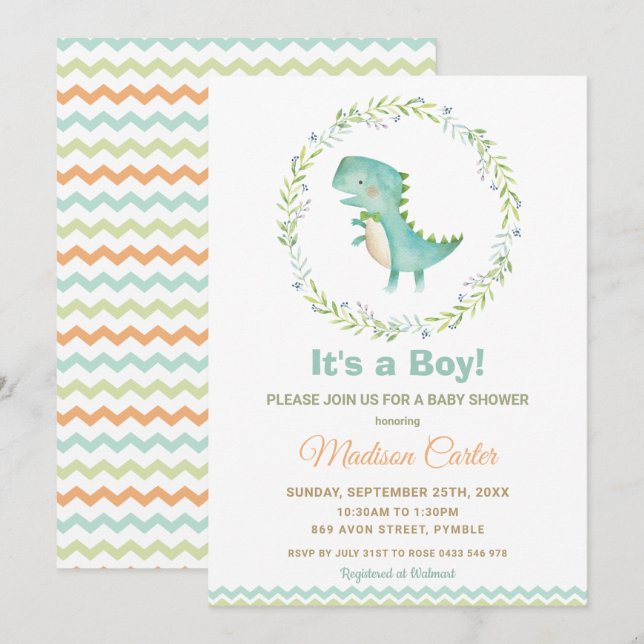 Chic Watercolor Cute Dinosaur Boy Baby Shower Invitation (Front/Back)