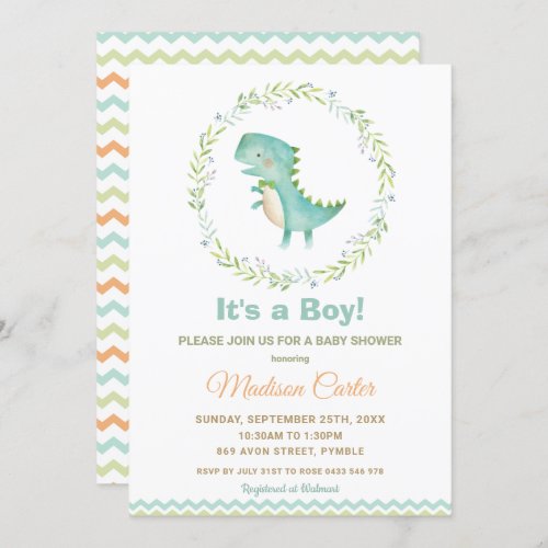 Chic Watercolor Cute Dinosaur Boy Baby Shower Invitation
