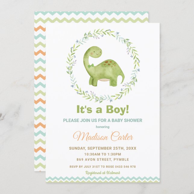 Chic Watercolor Cute Dinosaur Boy Baby Shower Invitation (Front/Back)