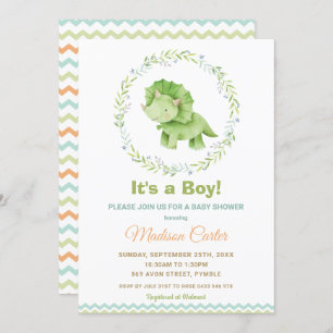 Chic Watercolor Cute Dinosaur Boy Baby Shower Invitation