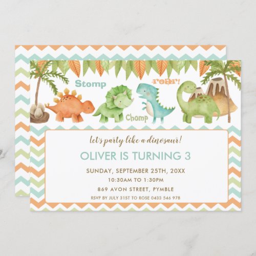 Chic Watercolor Cute Dinosaur Boy Girl Birthday Invitation
