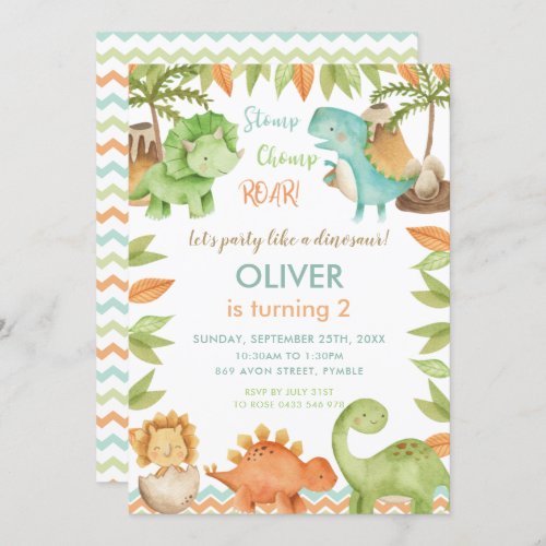 Chic Watercolor Cute Dinosaur Boy Girl Birthday Invitation