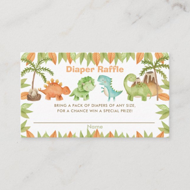 Chic Watercolor Cute Dinosaur Diaper Raffle Ticket Enclosure Card (Front)