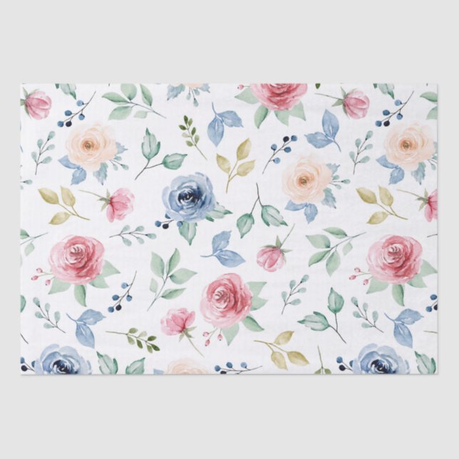Chic Watercolor Delicate Flowers Foliage Pattern  Tissue Paper (Front)