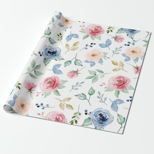 Chic Watercolor Delicate Flowers Foliage Pattern  Wrapping Paper (Unrolled)